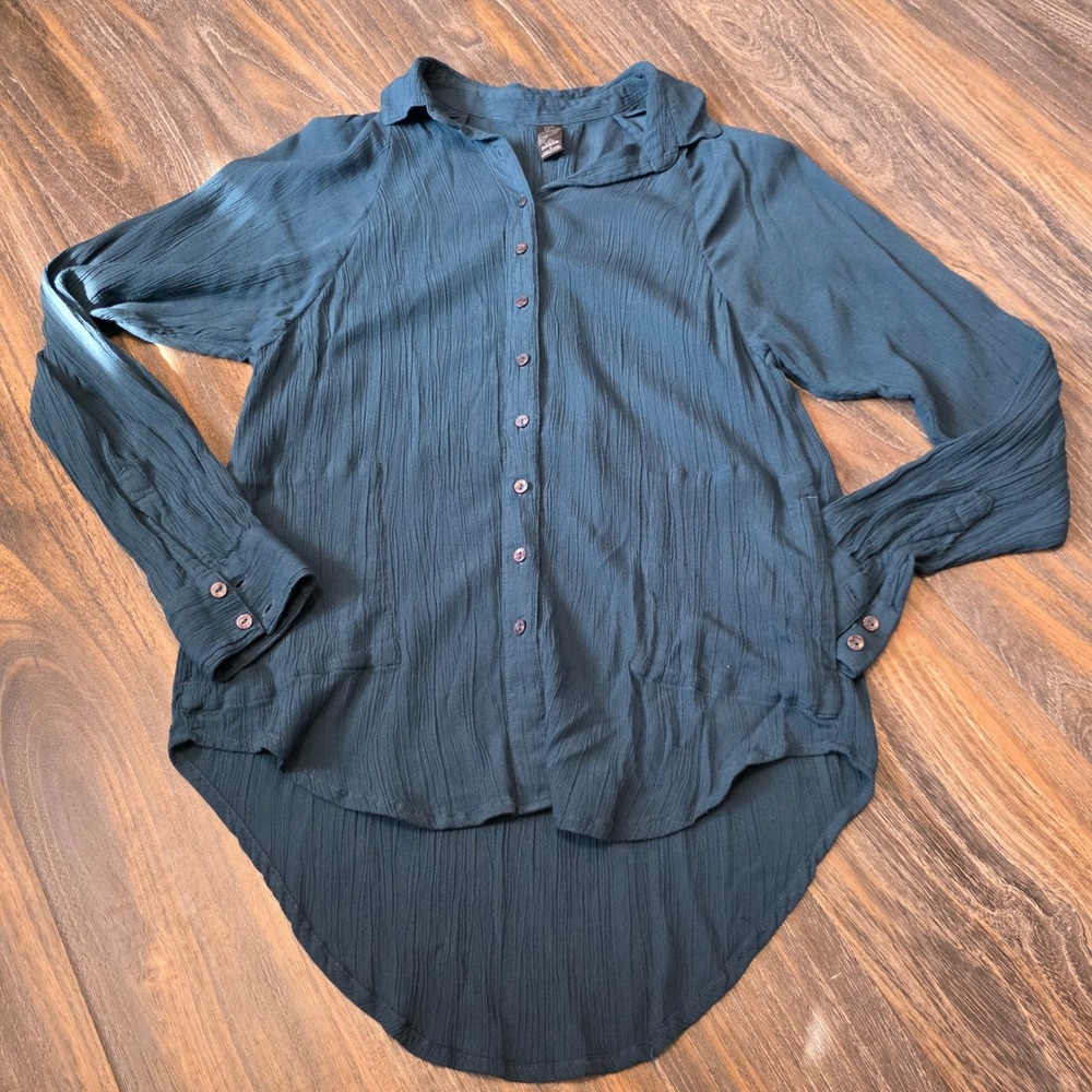 prAna Womens Small Teal Blue Lenzing Modal Gauze High Low Button Down Shirt